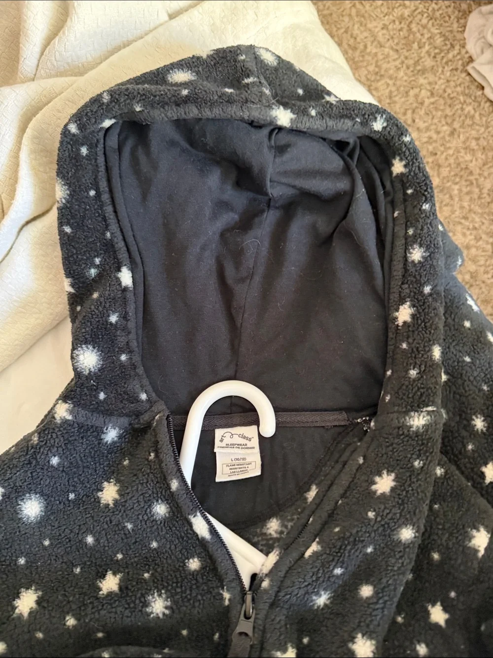 Kids Black Star Print Fleece One-Piece Sleepwear with Hoodie